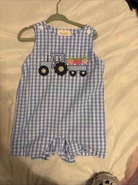 Blue Gingham Baby Romper with Tractor & Strawberry Appliqué